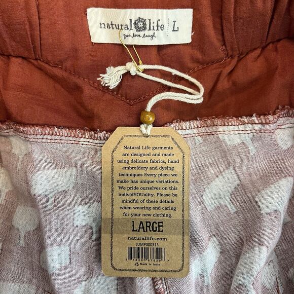 Natural Life Dakota Tie Overall Jumpsuit Size L Rust Tree Print Wide Leg Boho - Picture 14 of 15